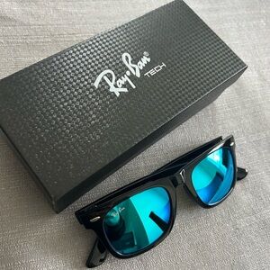Ray-Ban Black Frame Sunglasses with Blue Mirrored Lenses